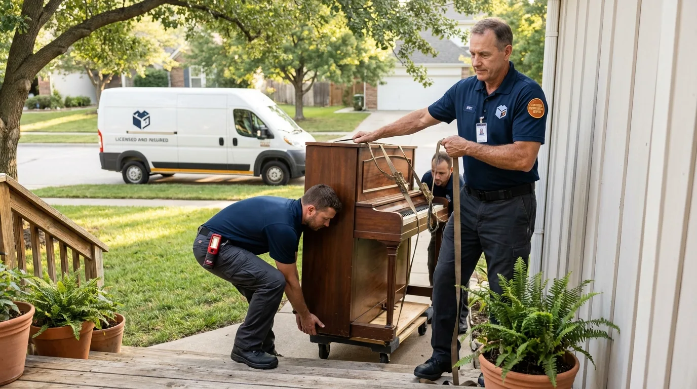 Licensed piano movers securing grand piano in Fowler, IN