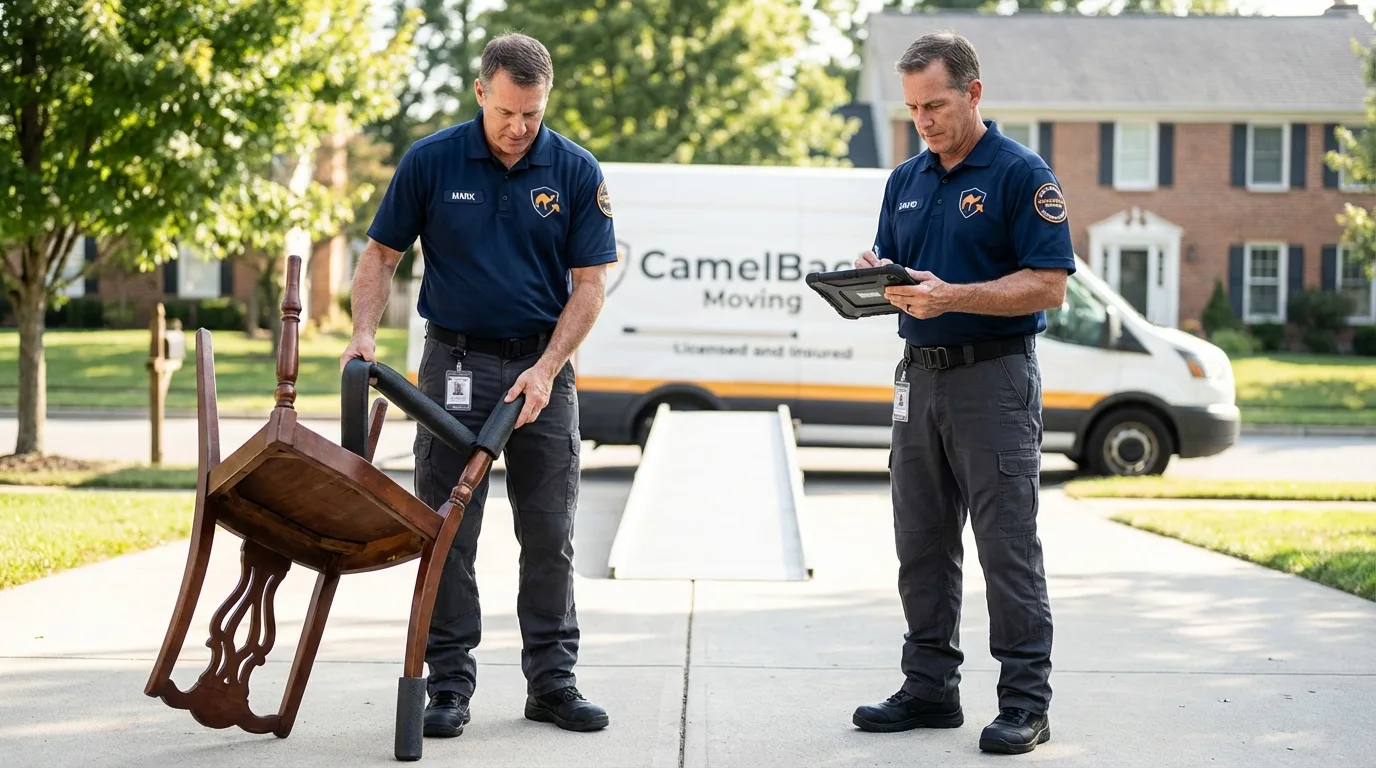 Movers inspecting furniture for damage prevention before loading in Fowler, IN